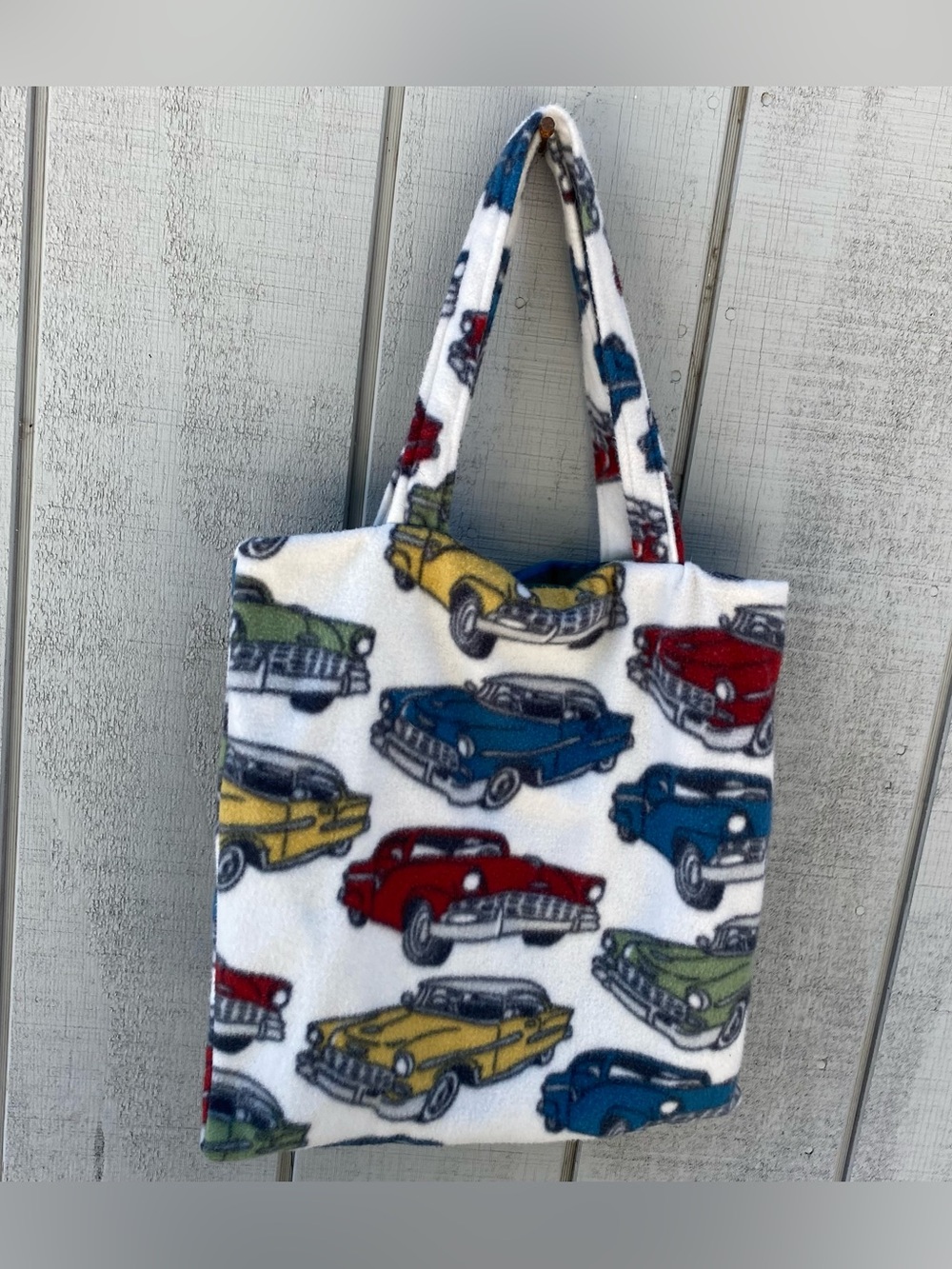 Handmade Multicolored Old School Car Print Fleece Lined Travel Tote Bag